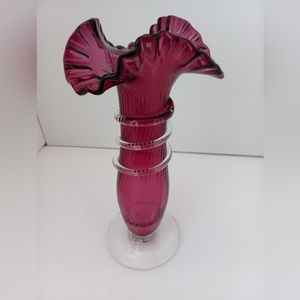 MCM Ribbed Cranberry Glass Vase With Applied Rigaree Ruffled Edge, Fenton?